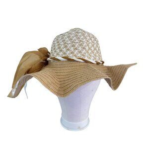Womens Unbranded White and Tan Woven Houndstooth Tie Ribbon Wide Straw Hat